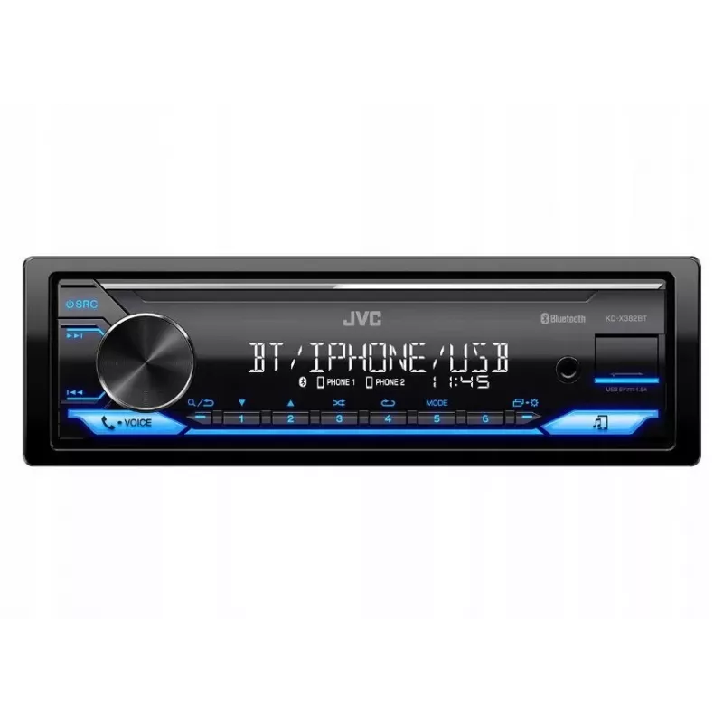 Radio samochodowe JVC KDX-382BT z Bluetooth i USB — pojedynczy DIN, wejście AUX, tuner FM