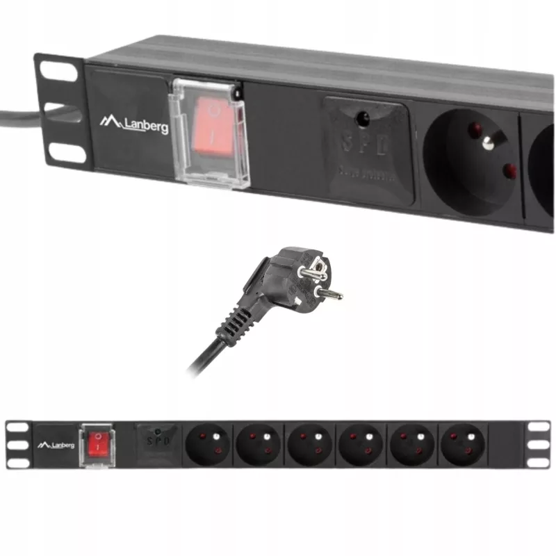 Jednostka dystrybucji zasilania LANBERG PDU-06E-0200-BK — 6 gniazd typu E, 16 A, kabel 2 m, 1U do szafy rack, 220–250 V