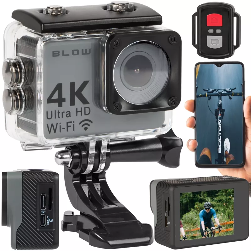 Kamera sportowa BLOW 78-538 — 4K Ultra HD, wyświetlacz 2 cale, pole widzenia 170°, Wi‑Fi, stabilizator obrazu, microSD do 64 GB