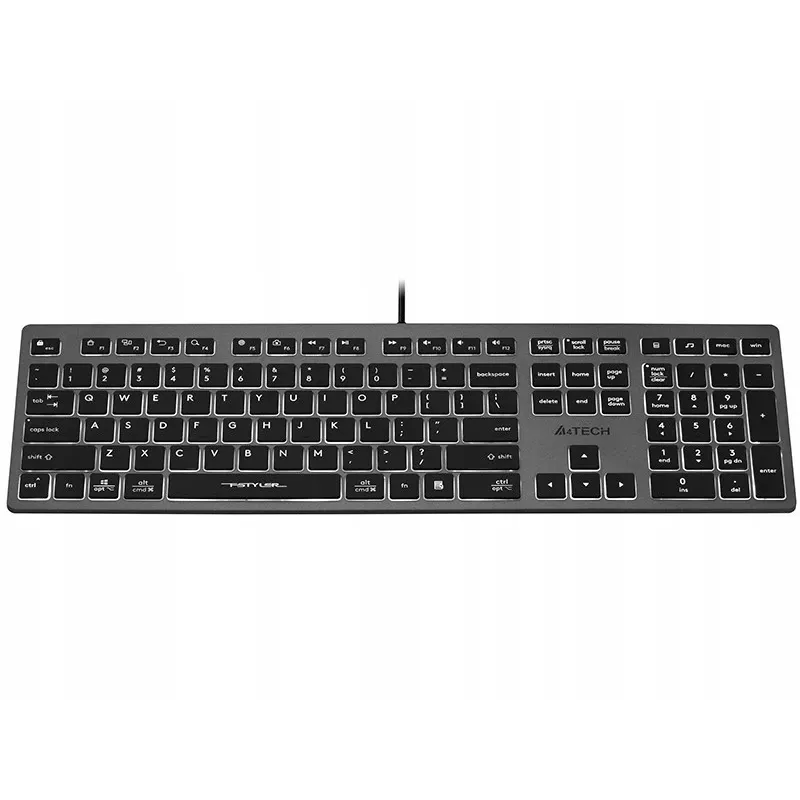 Przewodowa klawiatura A4Tech FX60H USB QWERTY — pełnowymiarowa 100%, podświetlana biała, szara, hub USB