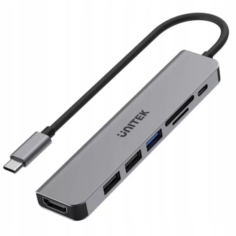 USB-C Hub Unitek 7in1 Aluminium PD 100W 5 Gbps — wieloportowy adapter z Power Delivery