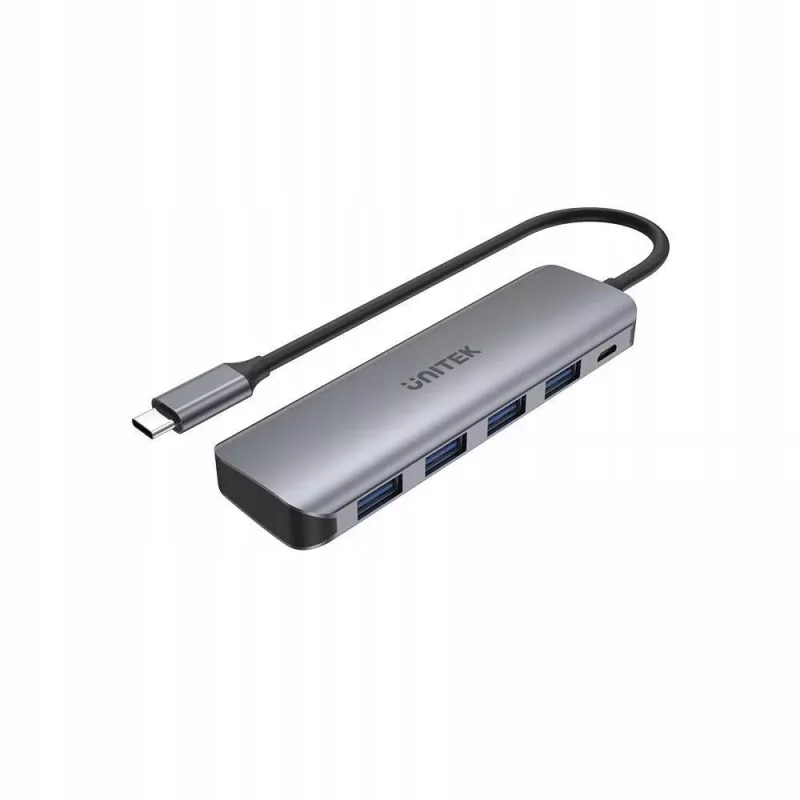 Hub USB Unitek P5+ — 5 portów (4 × USB 3.2 Gen 2 Type-A), host USB 3.2 Gen 1, 5 Gbit/s, 10 W PD, aluminium, szary