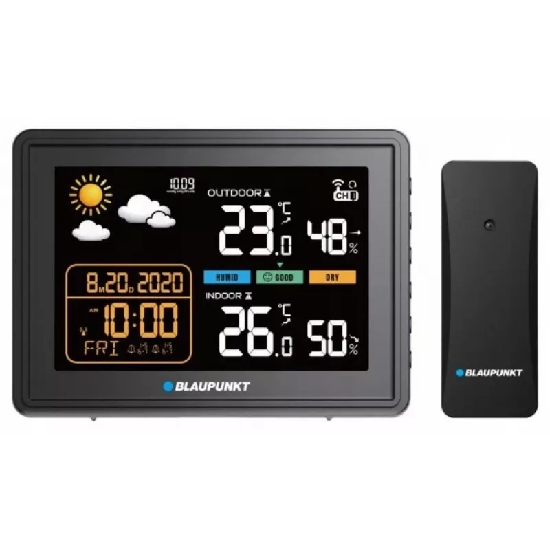 Stacja pogodowa BLAUPUNKT WS30BK z bezprzewodowym czujnikiem zewnętrznym, kolorowy LCD, zegar, alarm, barometr, °C, 1 czujnik