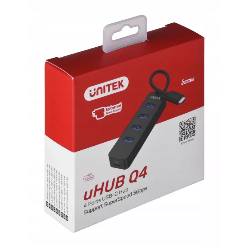Hub USB Unitek uHUB Q4 — 4-portowy hub USB 3.2 Gen 1 (Type-A), host USB-C, 5 Gbit/s, 10 W, czarny