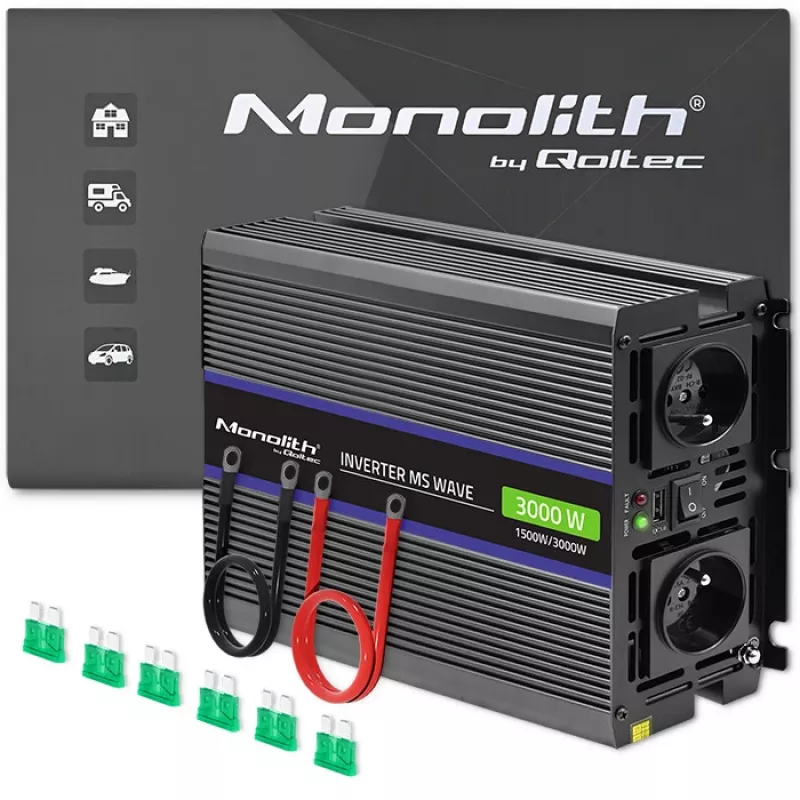Przetwornica napięcia QOLTEC Monolith 3000 MS Wave, 12V→230V, 1500/3000W, z USB