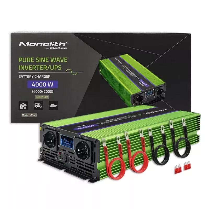Qoltec Monolith Przetwornica napięcia | Ładowanie akumulatora | UPS | 2000W | 4000W | 12V na 230V | Czysty sinus | LCD czarno-zielony