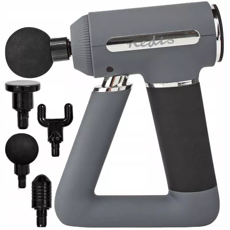 Nedis Sports Massage Gun, 6-Speed with 4 Attachments, Brushless Motor for Muscle Recovery & Relaxation, Triangular Handle, Rechargeable - szary
