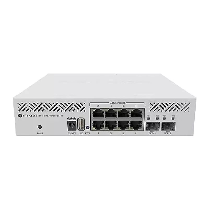 Zarządzalny przełącznik L3 MikroTik CRS310-8G+2S+IN — 8× 2.5G RJ-45, 2× SFP+, PoE, montaż w racku 1U, Biały