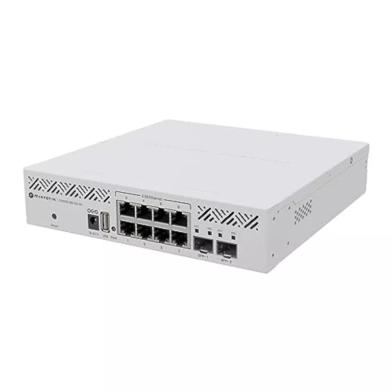 Zarządzalny przełącznik L3 MikroTik CRS310-8G+2S+IN — 8× 2.5G RJ-45, 2× SFP+, PoE, montaż w racku 1U, Biały