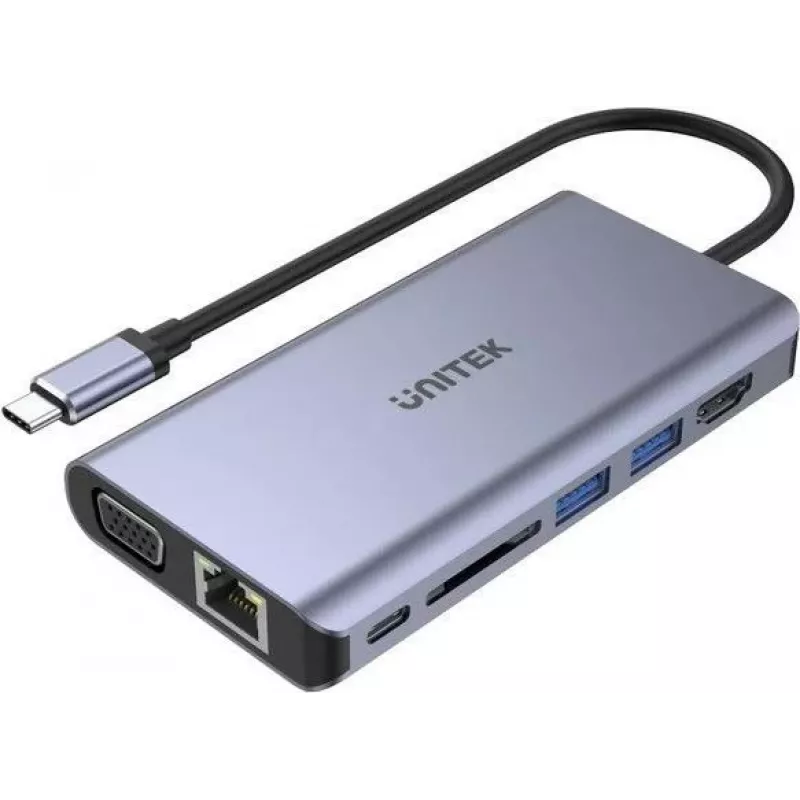 UNITEK uHUB O8+ Przewodowy USB 3.2 Gen 1 Type-C Szary 100W Power Delivery