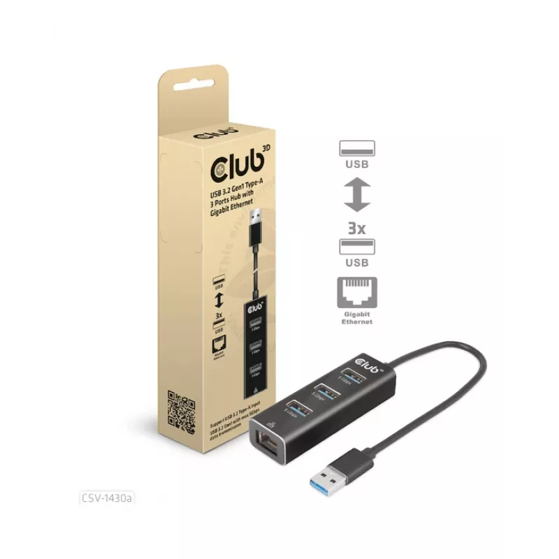 Hub USB CLUB3D USB 3.2 Gen1 Type-A, 3 porty i Gigabit Ethernet