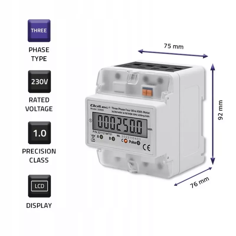 Trójfazowy elektroniczny licznik energii QOLTEC 50900 400V LCD 4P