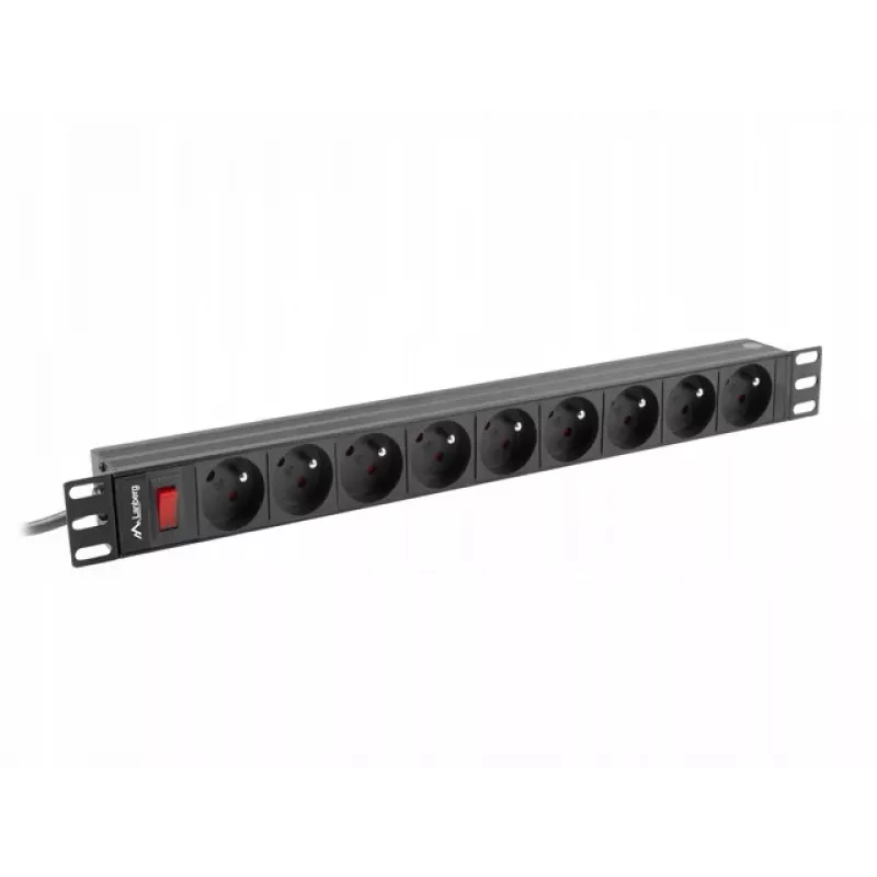 Jednostka dystrybucji zasilania LANBERG PDU-09E-0300-BK — 9x gniazd typu E, 16 A, 220–250 V, kabel 3 m, 1U, stojak 19 cali