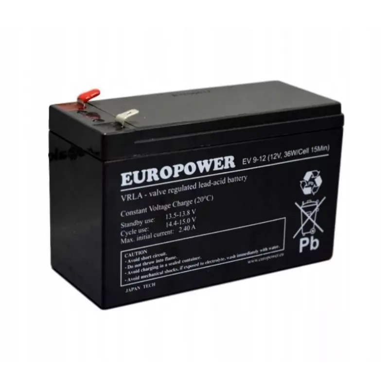 Akumulator kwasowo-ołowiowy szczelny europower EV 12-9 — 12 V 9 Ah do UPS i zasilania awaryjnego