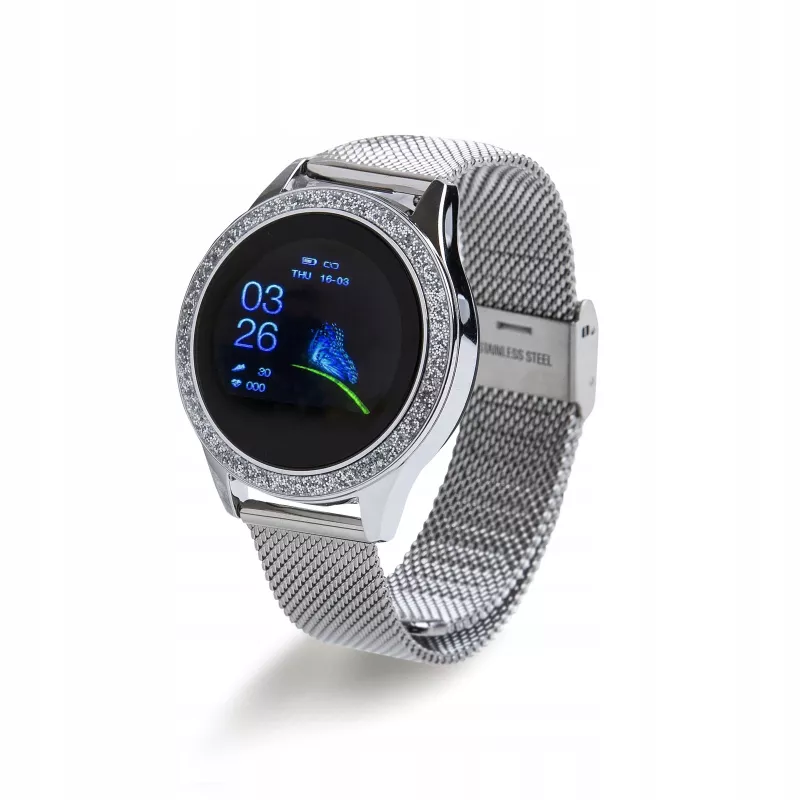 Smartwatch ORO-MED ORO-SMART CRYSTAL srebrny — okrągła metalowa obudowa, LCD 240×198, wyświetlacz 1.04 cala, Bluetooth 4.0, wodoodporny, bateria 120 mAh