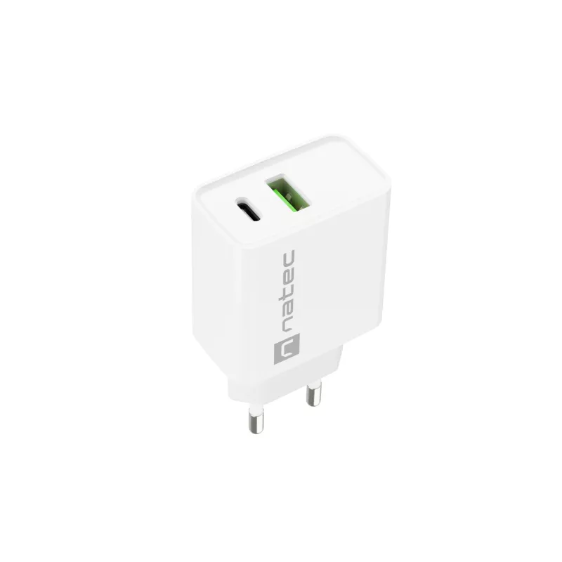 Ładowarka sieciowa szybkiego ładowania NATEC RIBERA 12V 20W USB-C PD 3.0 + USB-A Samsung AFC biała