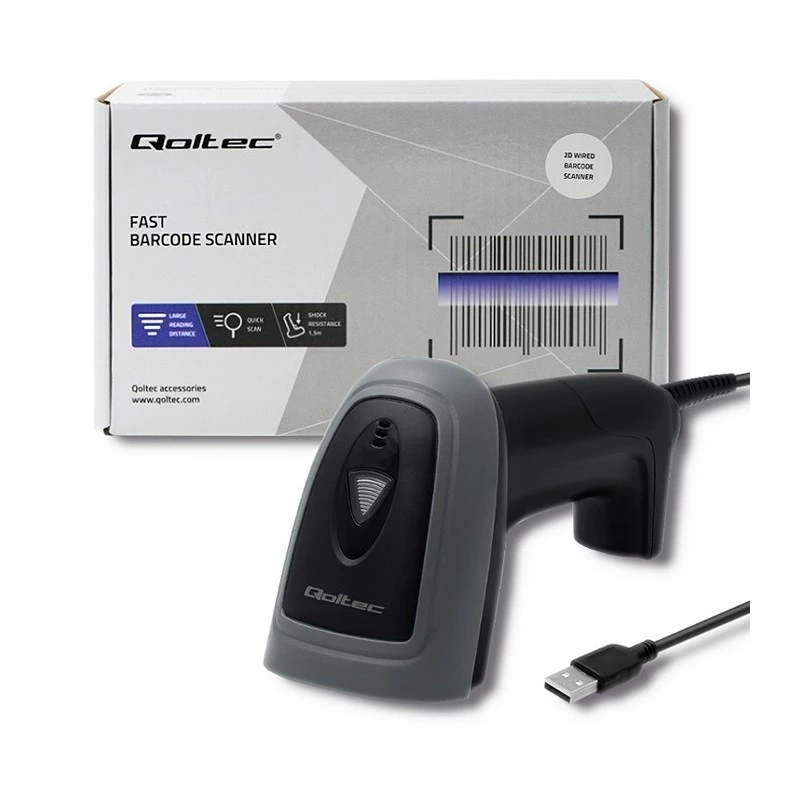 Ręczny czytnik kodów kreskowych QOLTEC 50863 — skaner 1D/2D, przewodowy USB, sensor LED, czarny, 5V, kabel 1,8 m
