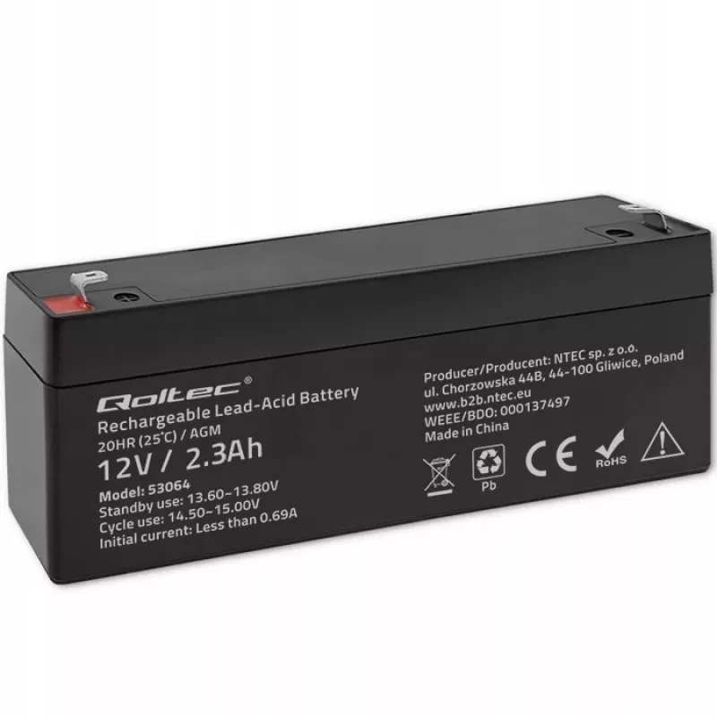 Szczelny akumulator AGM QOLTEC 12V 2,3Ah do UPS i systemów rezerwowych, maks. rozładowanie 34,5A