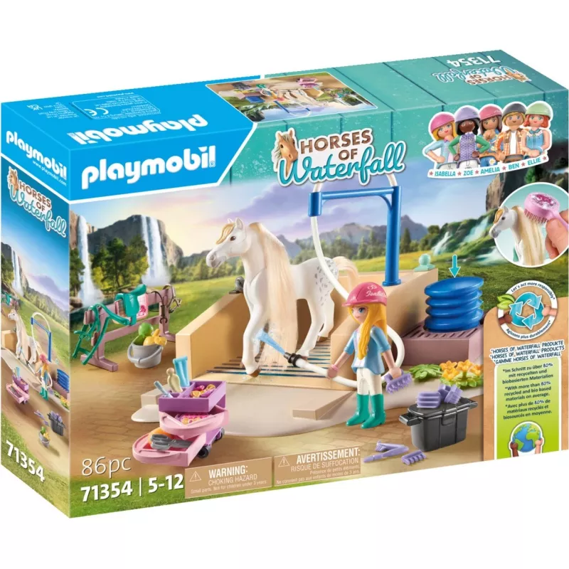Playmobil Horses of Waterfall - Stacja mycia z Isabellą i lwicą - Zabawa w odgrywanie ról i pomysłowa zabawa dla dzieci w wieku od 5 do 10 lat - Fat Brain Toys