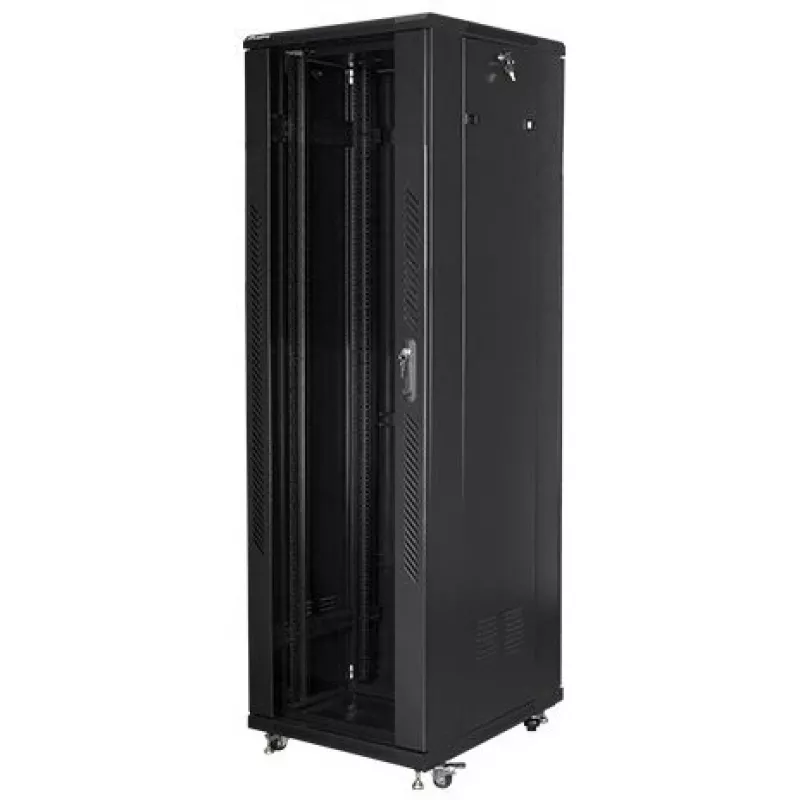 Szafa rack stojąca LANBERG 42U FF01-6842-12BL 600×800×2127,5 mm, 1200 kg, IP20, zamek na klucz, kółka jezdne