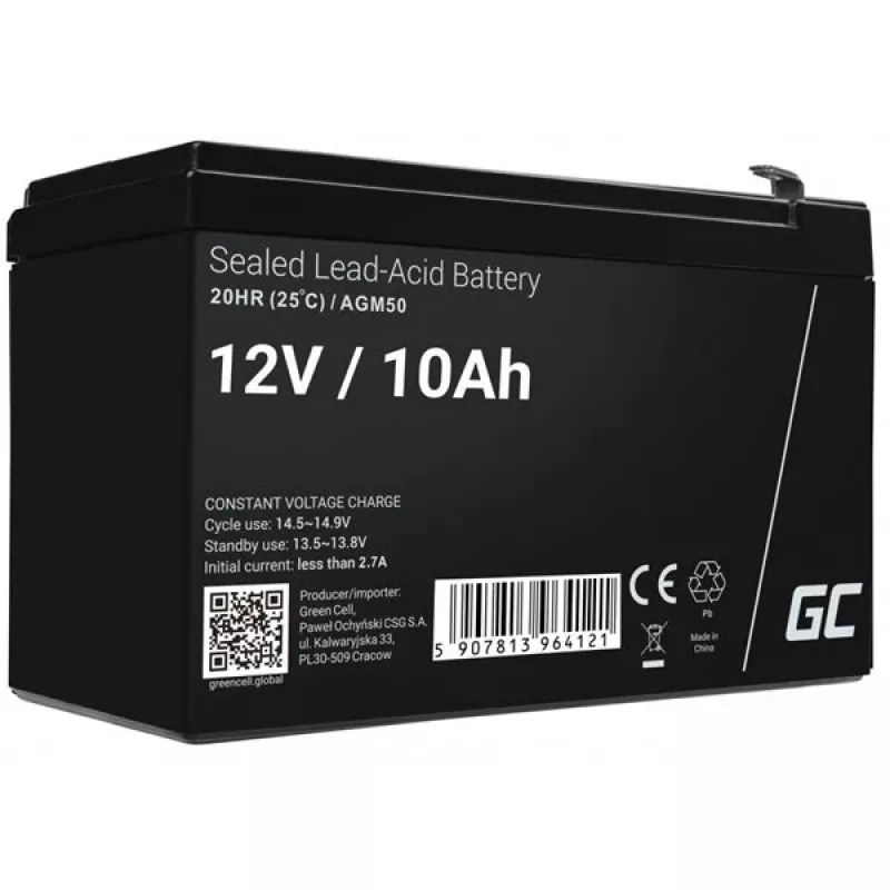 Akumulator UPS zielony Cell AGM50 12 V 10 Ah VRLA AGM, 65×151×95 mm, 2,45 kg, czarny