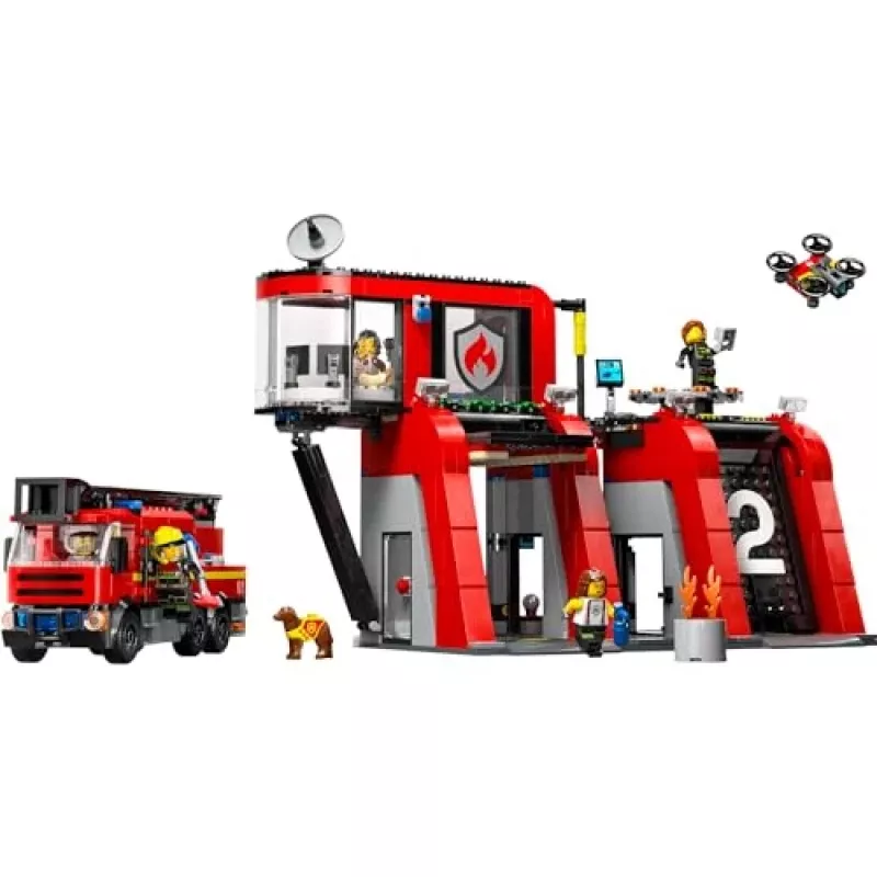 Zabawka konstrukcyjna LEGO City Remiza strażacka z pojazdem z drabiną obrotową 60414 — 843 elementy, 5 minifigurek, 220×320×140 mm