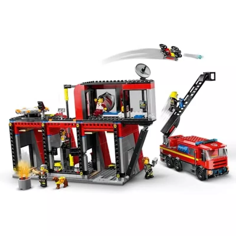 Zabawka konstrukcyjna LEGO City Remiza strażacka z pojazdem z drabiną obrotową 60414 — 843 elementy, 5 minifigurek, 220×320×140 mm