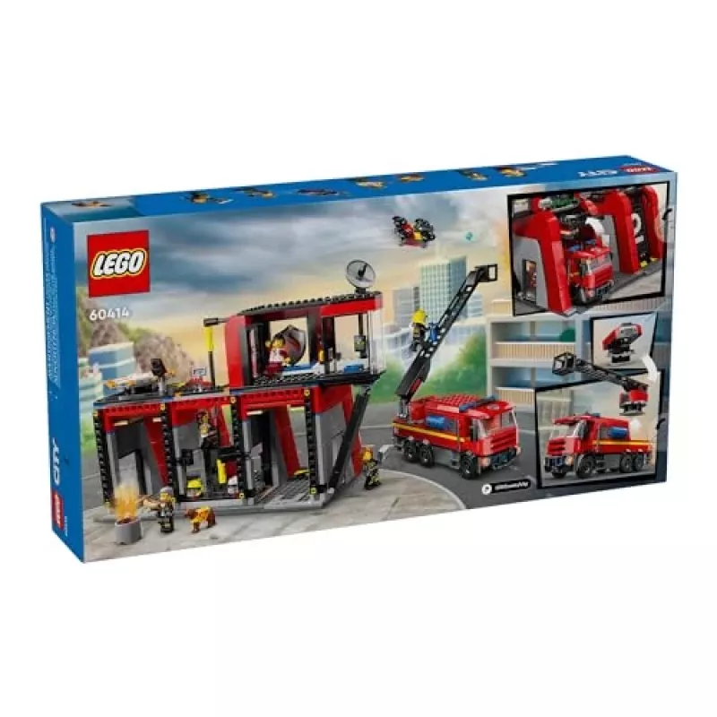 Zabawka konstrukcyjna LEGO City Remiza strażacka z pojazdem z drabiną obrotową 60414 — 843 elementy, 5 minifigurek, 220×320×140 mm