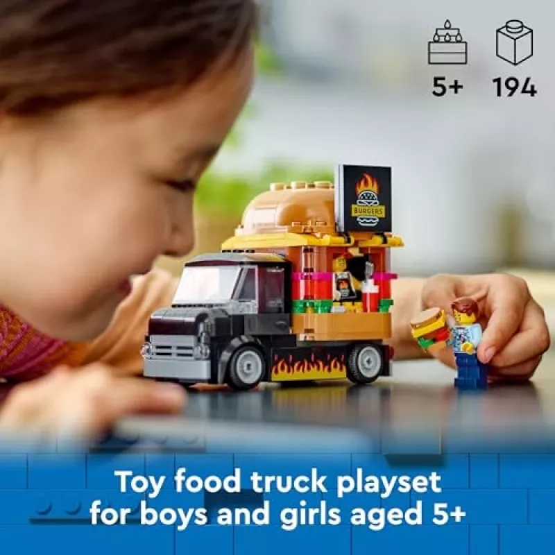 LEGO City Burger Van Food Truck Toy for 5 Plus Year Old Boys & Girls Vehicle Building Toys Kitchen Playset with Vendor Minifigure and Accessories