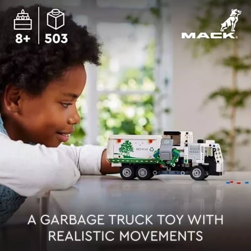 Klocki konstrukcyjne LEGO Technic Mack LR Electric Garbage Truck 42167 — 503 elementy, z napędem, wymiary 230×80×90 mm