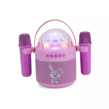 Zestaw karaoke dla dzieci AKAI JoyBox Kids z Bluetooth, USB, MicroSD, AUX, radiem FM, światłami RGB, zmieniaczem głosu, przewodowym mikrofonem, akumulatorem 1200 mAh, 5W RMS