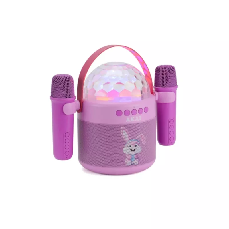 Zestaw karaoke dla dzieci AKAI JoyBox Kids z Bluetooth, USB, MicroSD, AUX, radiem FM, światłami RGB, zmieniaczem głosu, przewodowym mikrofonem, akumulatorem 1200 mAh, 5W RMS