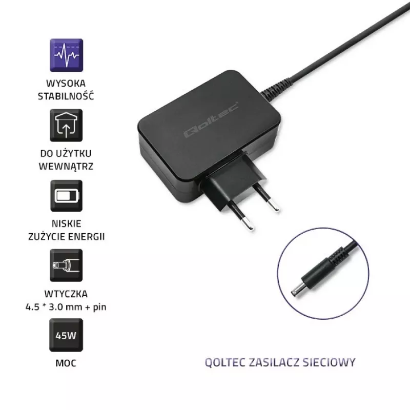 QOLTEC Zasilacz do laptopa Dell 45W 19.5V 2.31A 4.5x3.0mm Niebieska końcówka