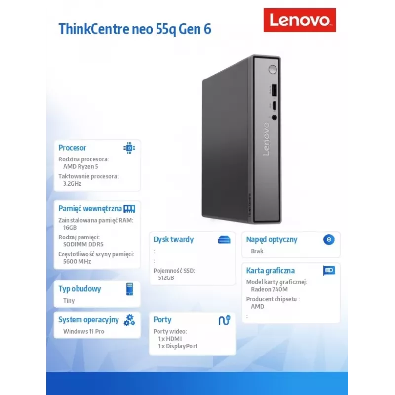 Lenovo ThinkCentre Neo 55q Tiny G6 Mini PC, AMD Ryzen 5, 16GB RAM, 512GB SSD, Windows 11 Pro, Czarny