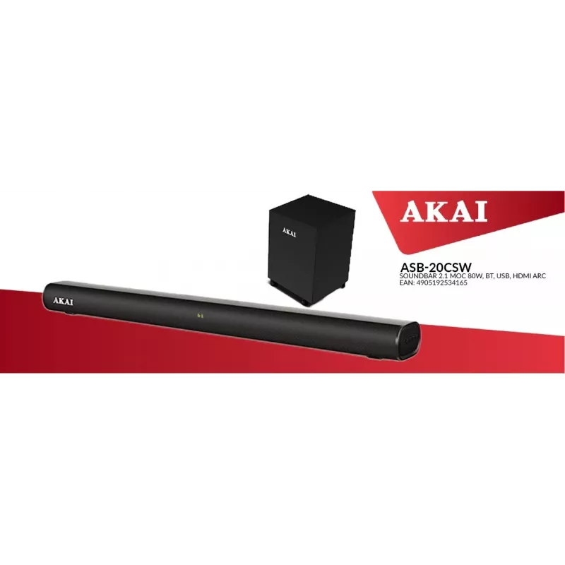 AKAI Soundbar ASB-20CSW 2.1 80W Bezprzewodowy Subwoofer Bluetooth 5.0 HDMI ARC