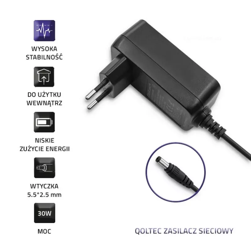 Qoltec Zasilacz sieciowy 30W 15V 2A 5.5x2.5mm Czarny