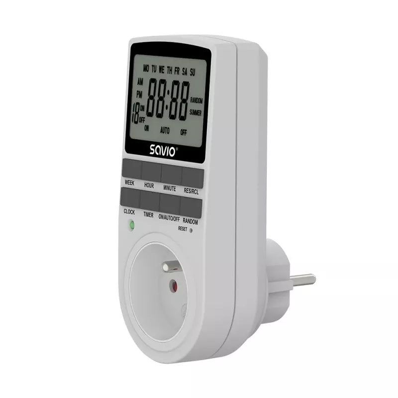 SAVIO AE-03 cyfrowy programator czasowy z wyświetlaczem LCD, 10 programów, 16A, wtyk Schuko, biały