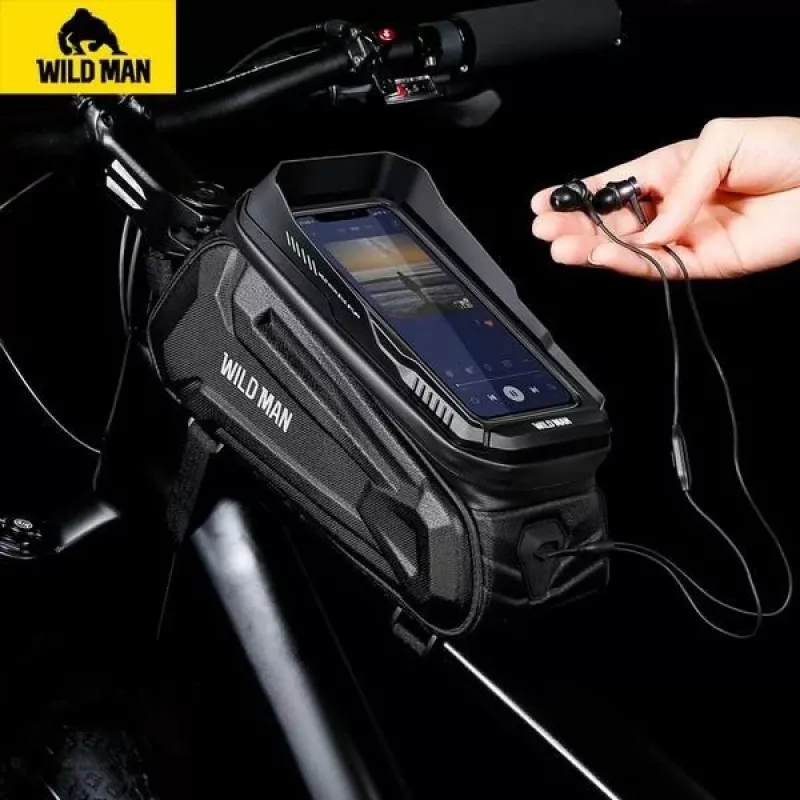 WILDMAN XT5 Frame Bag Black - Bicycle Top Tube Bag with Phone Pocket, Water-Resistant PU Leather
