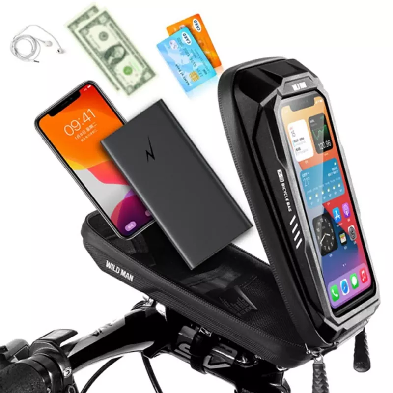 Torba na kierownicę rowerową WILDMAN X3 z uchwytem na telefon, czarna, twarda skorupa, wodoodporna, do 6,7 cala