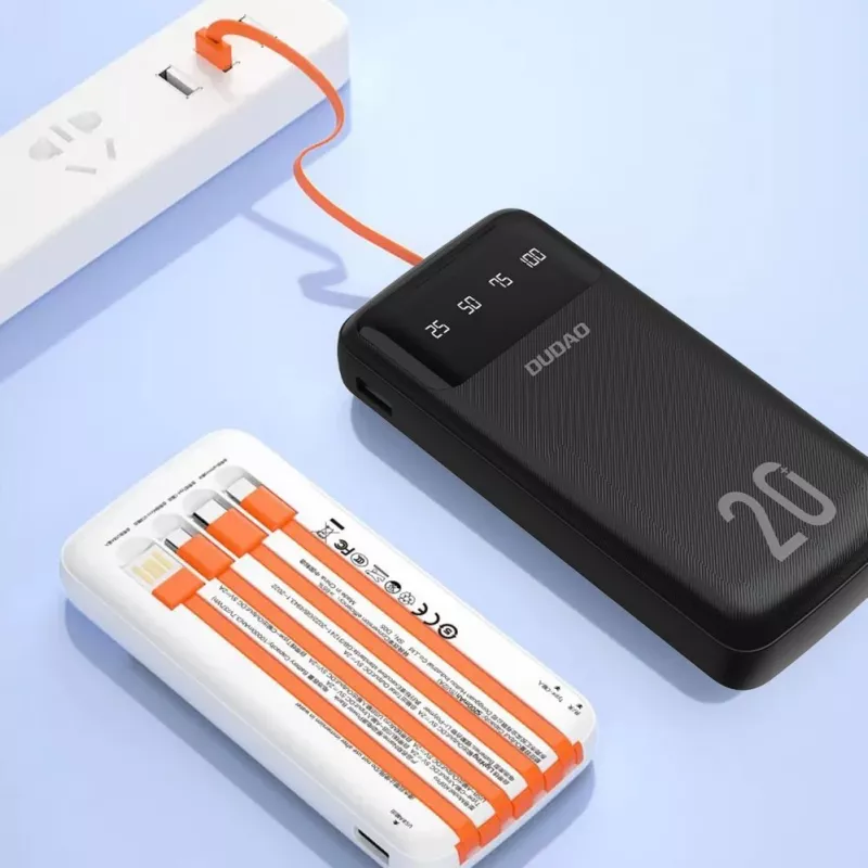 Dudao K6Pro+ Power Bank 20000mAh z 4 wbudowanymi kablami USB-C Micro USB Lightning USB-A Wejście Czarny