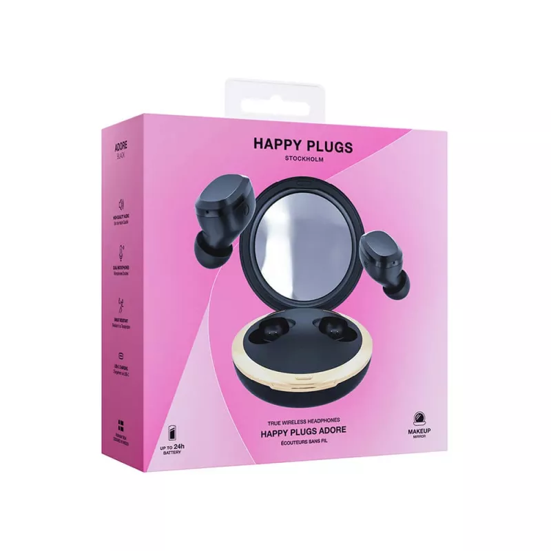 Happy Plugs Adore Bezprzewodowe Słuchawki Dokanałowe z Lustrzanym Etui Ładującym (Czarny)