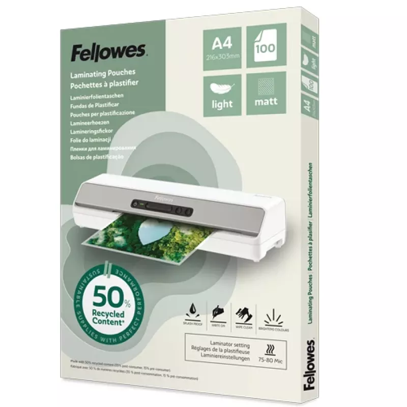 Fellowes 100-Pack A4 Matowe kieszenie do laminowania, 80 mikronów, z recyklingu