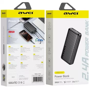 AWEI P6K Pro Power Bank 20000mAh 2xUSB-A/USB-C Czarny