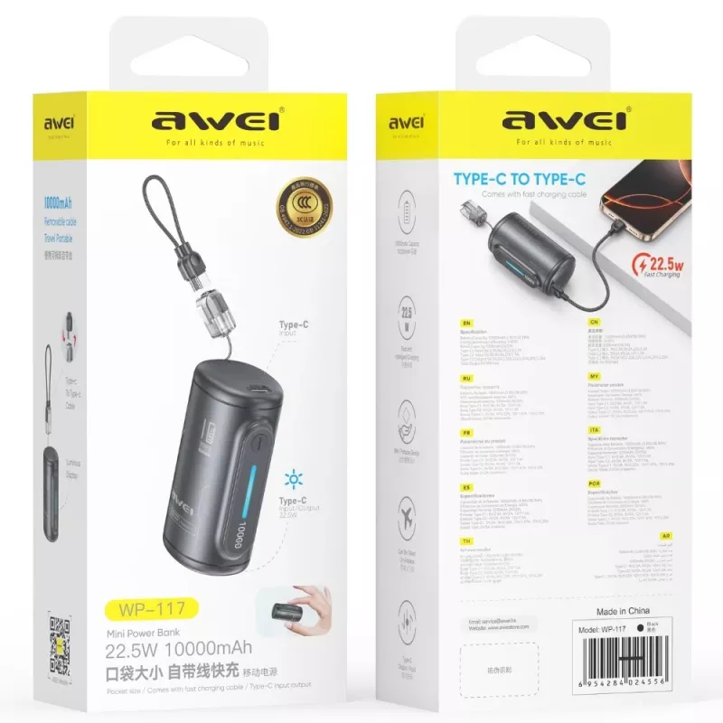 AWEI WP-117 Power Bank 10000mAh 22.5W 3C2xUSB-C Czarny
