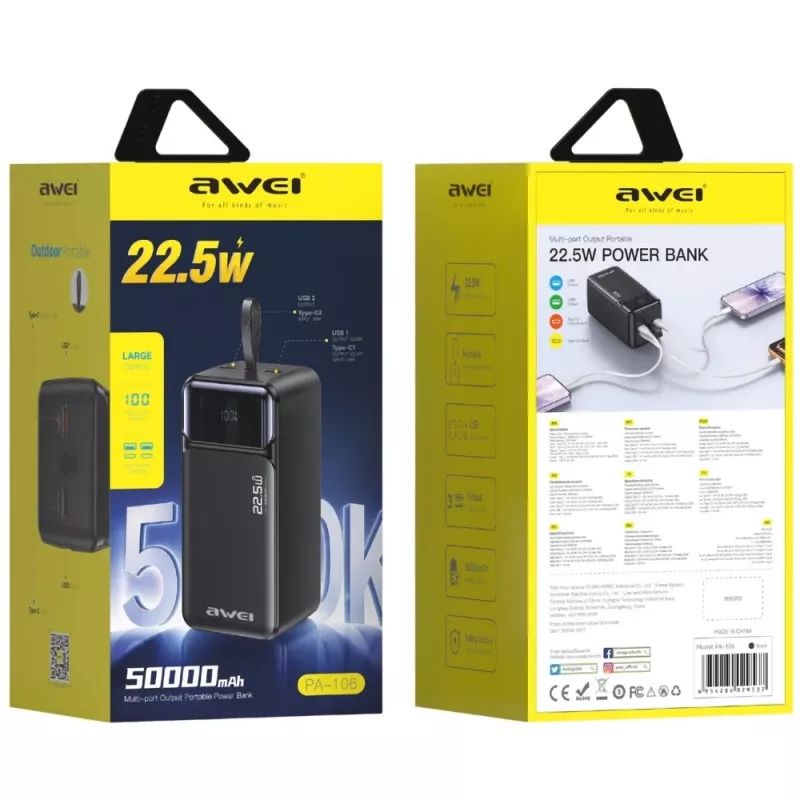 AWEI PA-106 Power Bank 50000mAh 22.5W PD 3xUSB-C Czarny