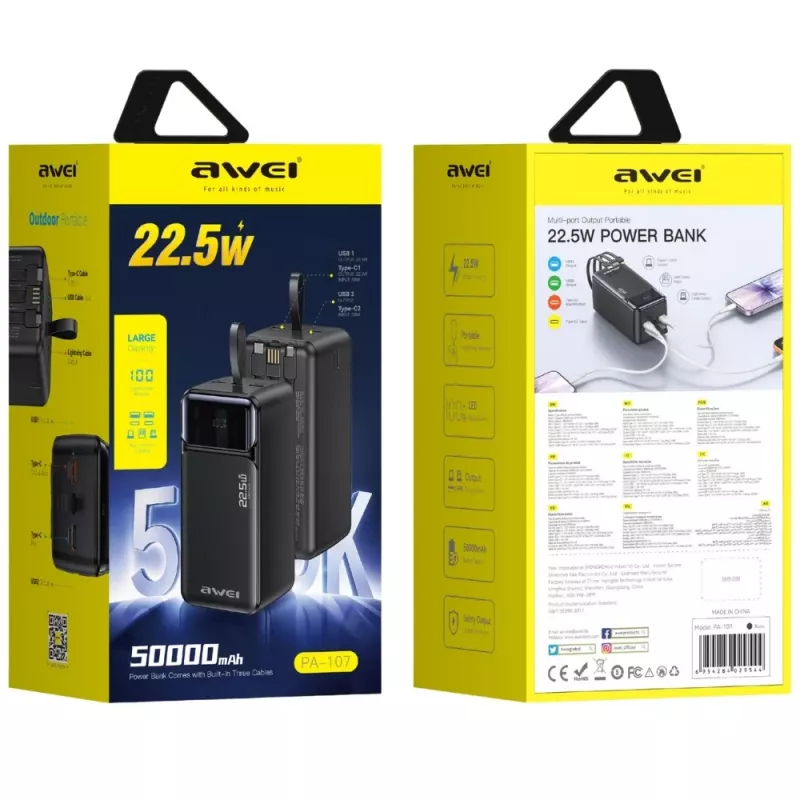 AWEI PA-107 Power Bank 50000mAh 22.5W PD 3xUSB Czarny