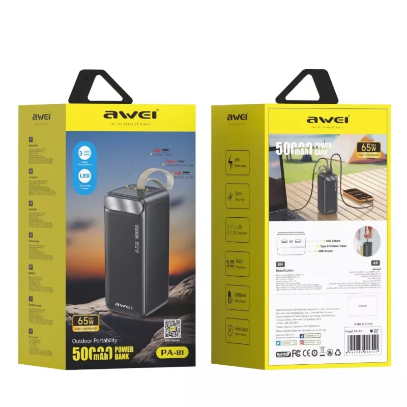AWEI PA-81 Power Bank 50000mAh 65W PD 2xUSB-A/USB-C Czarny