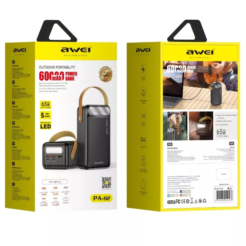 AWEI PA-82 Power Bank 60000mAh 65W PD 2xUSB-A/USB-C Czarny