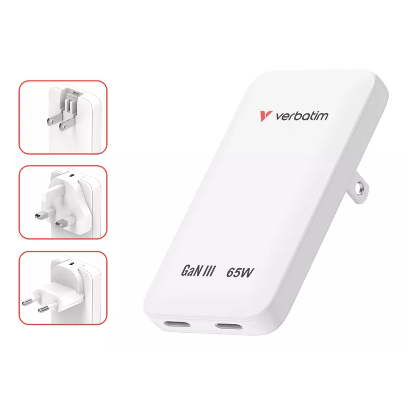 Verbatim Slim GaN Charger 2 Porty 65W (EU/UK/US) Biały
