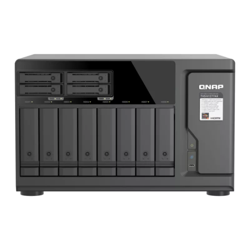QNAP TVS-h1277AX-R5-16G 12-zatokowy NAS QuTS hero, AMD EPYC 7232P 8-rdzeniowy, 64GB DDR4 ECC, 2x25GbE SFP28, 2x2.5GbE, 12x U.2 NVMe/SATA SSD
